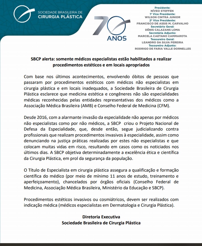 A Sociedade Brasileira de Cirurgia Plástica alerta